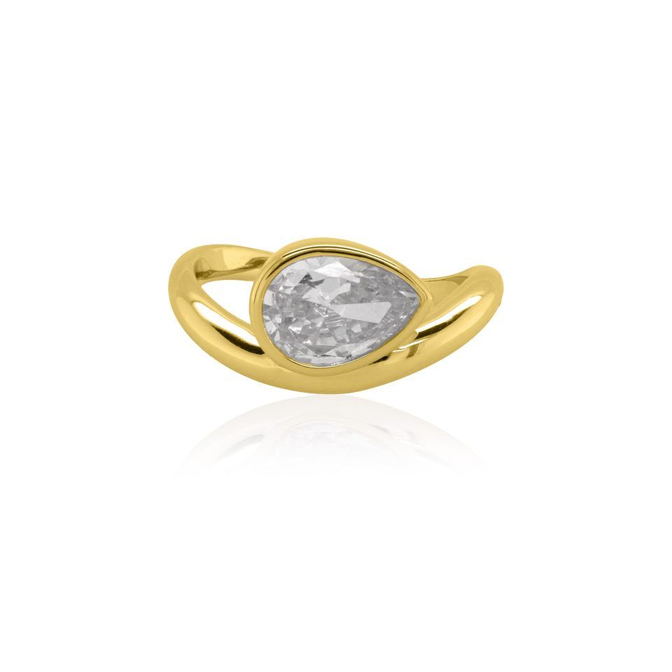 Pear CZ Bezel Wave Ring - Gold