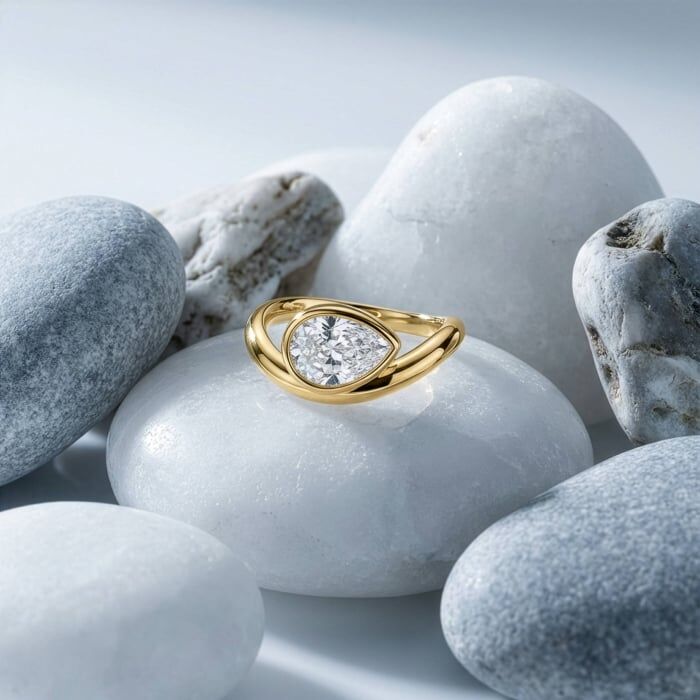 Pear CZ Bezel Wave Ring - Gold - Image 2